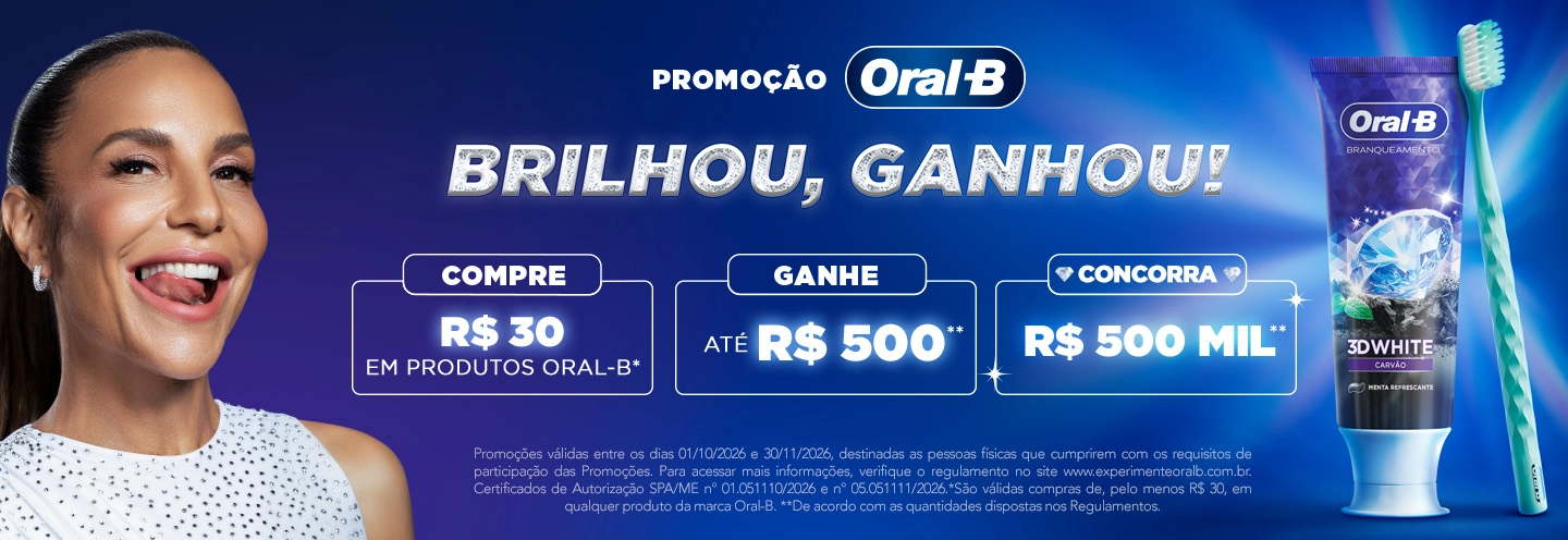 Banner da campanha Brilhou, Ganhou com o logo de Oral-B, mostrando a 3DW e iconic + Ivete Sangalo, com fundo azul escuro.