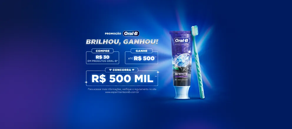 Banner da campanha Brilhou, Ganhou com o logo de Oral-B, mostrando a 3DW e iconic + Ivete Sangalo, com fundo azul escuro.